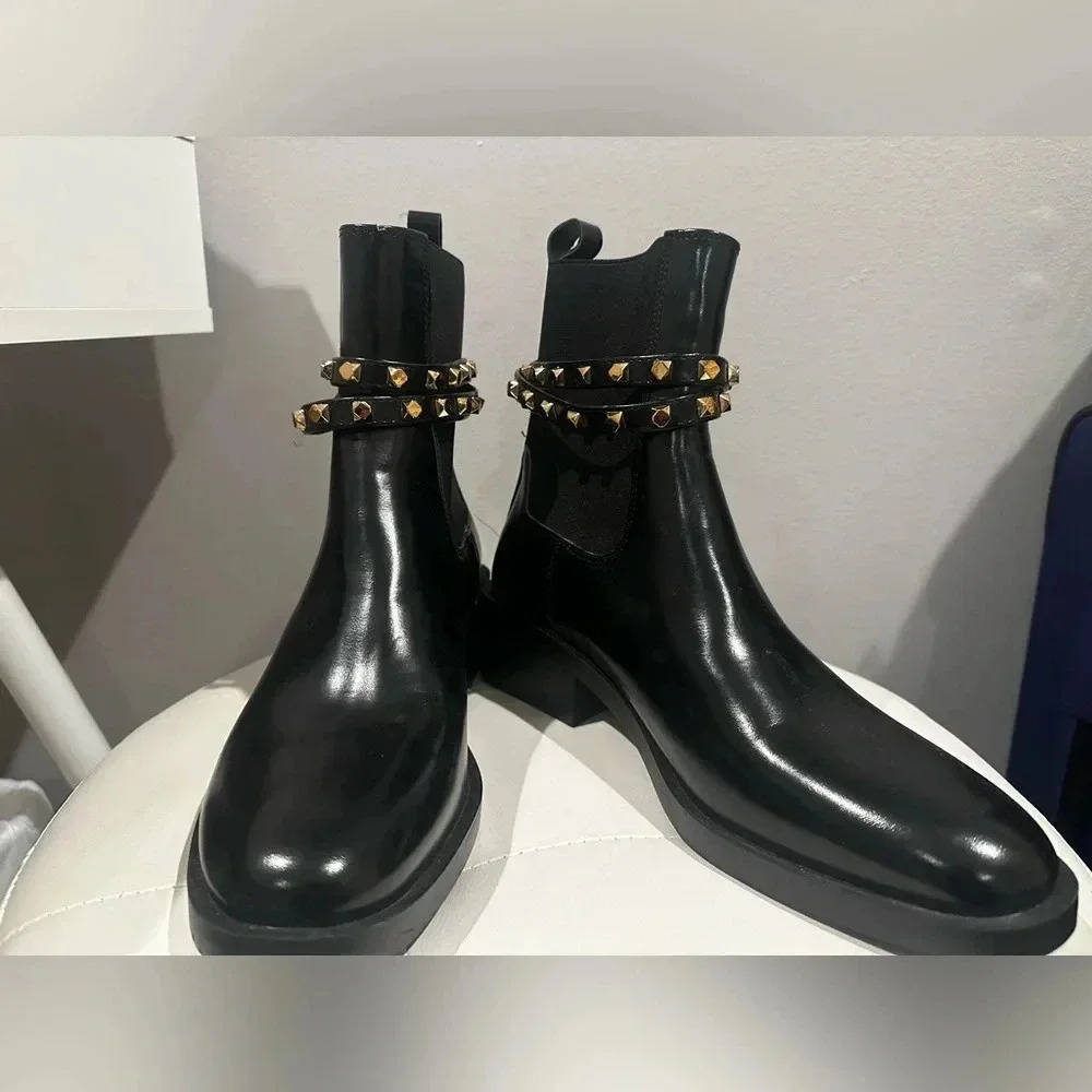 Zara Flat Chelsea Ankle Booties with studded gold straps and buckle (size 10) - Picture 12 of 12